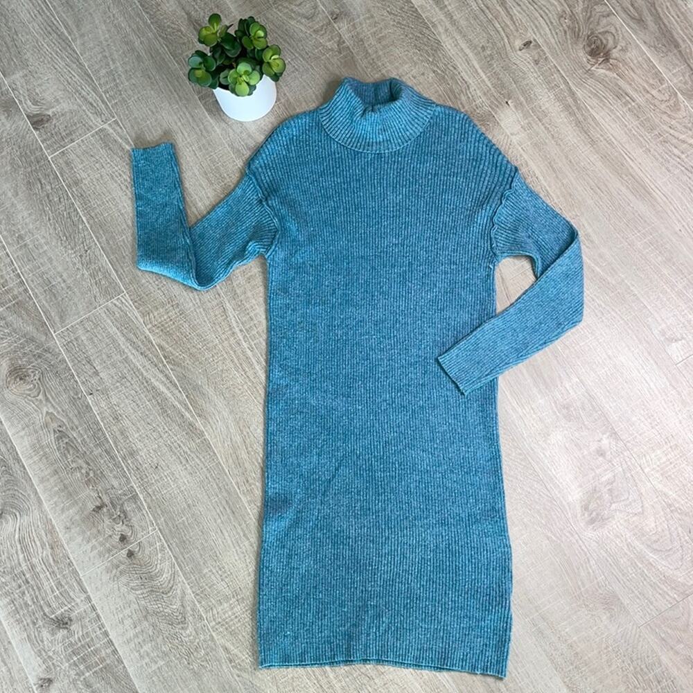 SOLUTIONS Women's Teal Ribbed Turtleneck Long Sleeve Knit Midi Dress - Picture 2 of 12